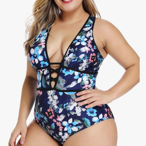 4XL Size Black Sexy Floral Print Swimsuit for Women, Plunging Neckline - Picture 1 of 12